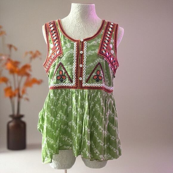 Indigo Moon Green Mirror Embroidered Festival Boho Top Medium Sleeveless Cotton - Picture 2 of 13